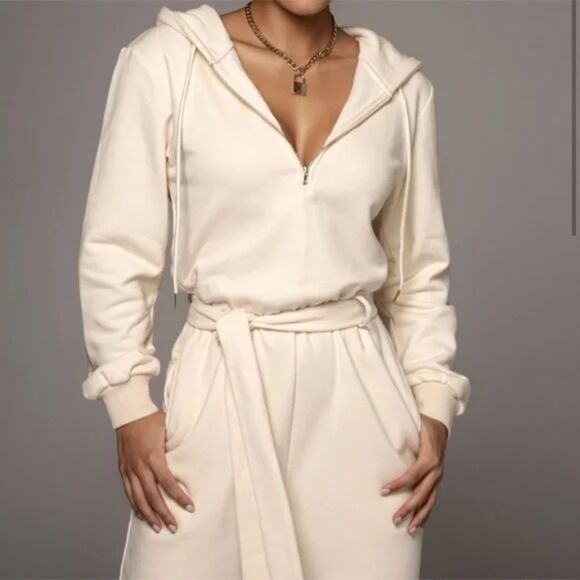 NWT JLUXLABEL Ivory Beige 100% Cotton Fleece Journey Jumpsuit Size Small - Picture 3 of 12